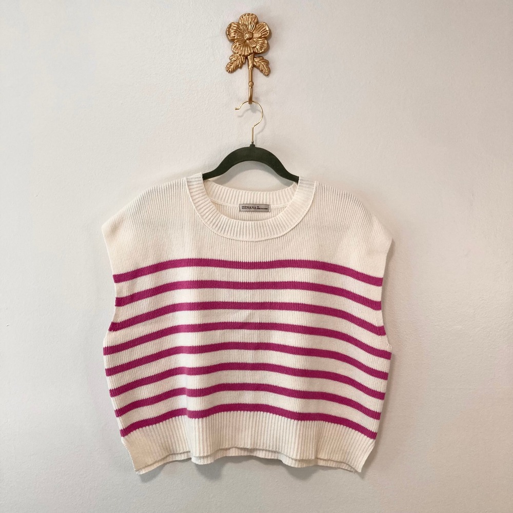Coastal Preppy Mollie White Pink Striped Crew Neck Knit Sweater Vest Zenana M